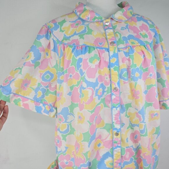 Vintage 80s 90s Cathy MultiColor  Floral Pearl Snap House Dress Nightgown Duster - Picture 3 of 9